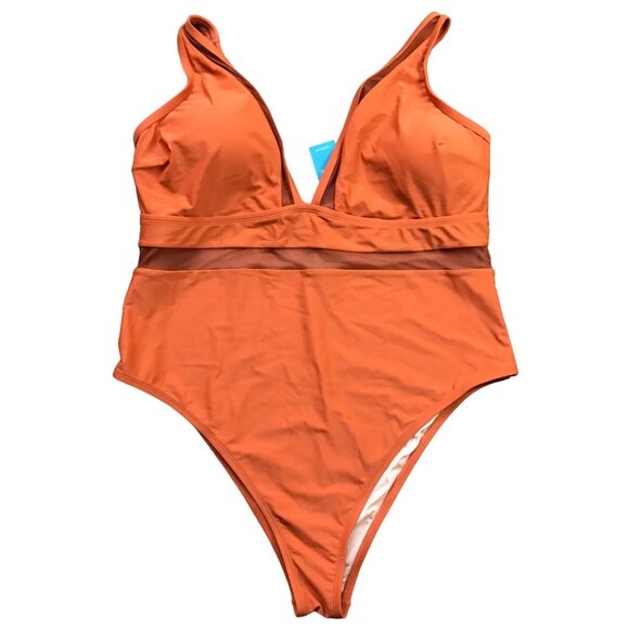 CUPSHE Tummy Control One Piece Swimsuit Plus Size 3X V Neck Sheer Mesh‎ NEW - Picture 1 of 12